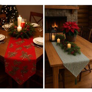 Christmas Cotton Table Runner 70x13 Reversible Red/Pine Cones x Green Stripe